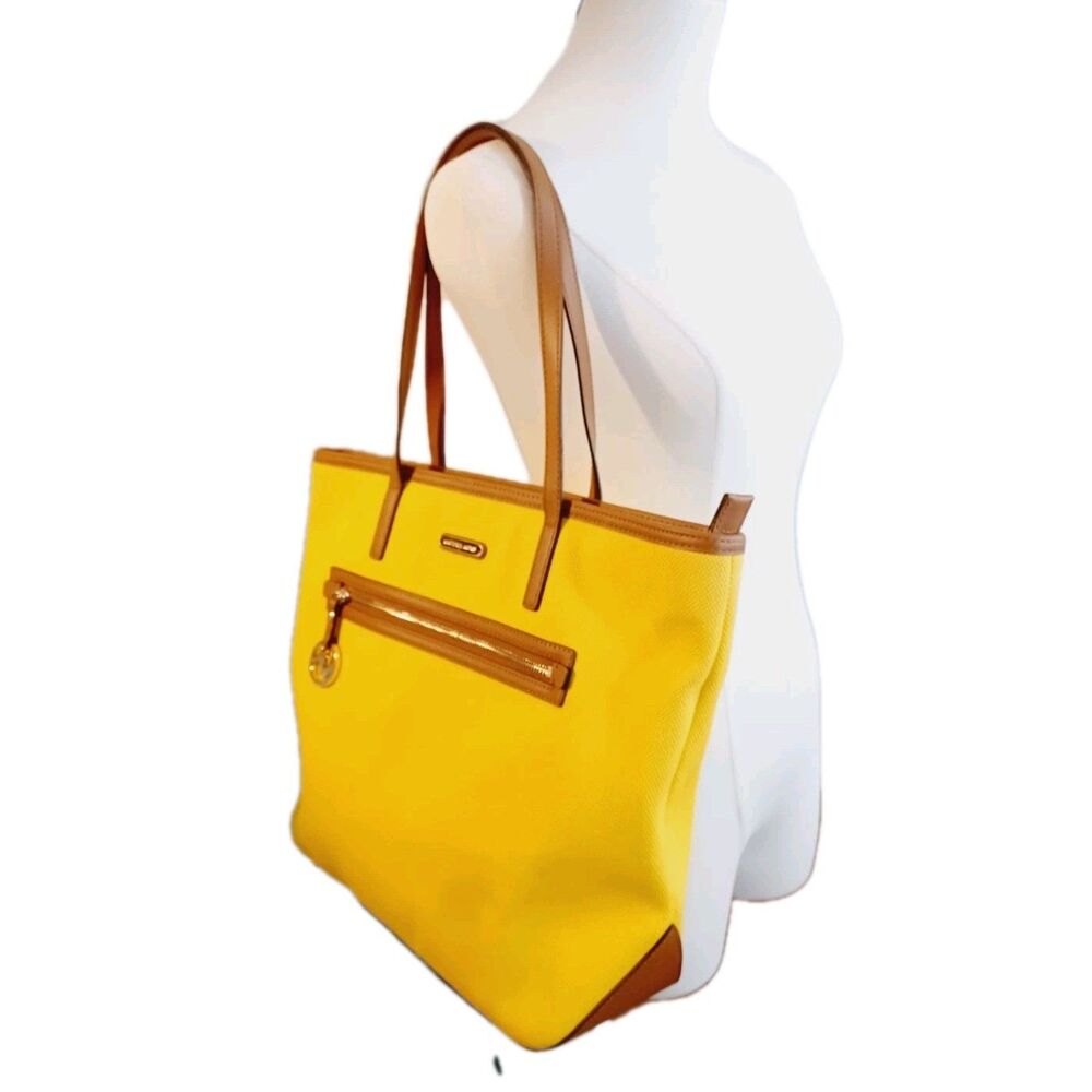 Michael Kors Large Yellow Ciara Tote Bag With Leather Straps/ Trim  Travel Beach - Picture 5 of 12